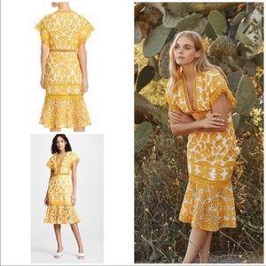 SAYLOR Floral Embroidery Eyelet Yellow Midi Dress